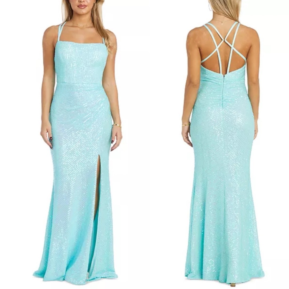 NW Nightway NWT Aquamarine Iridescent Sequined Strappy-Back Gown Size 8